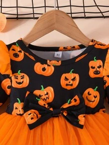 嬰兒萬聖節南瓜圖案荷葉邊網紗邊連衣裙 - 彩色 - 查看 5