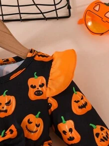 嬰兒萬聖節南瓜圖案荷葉邊網紗邊連衣裙 - 彩色 - 查看 6