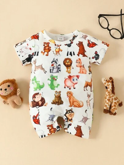 中性可愛嬰兒柔軟舒服透氣卡通動物圖案T恤和連身褲