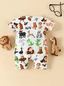 中性可愛嬰兒柔軟舒服透氣卡通動物圖案T恤和連身褲