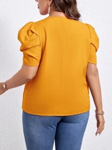 SHEIN Privé 大码女式纯色钥匙孔领短泡泡袖休闲衬衫 - 黃色 - 查看 3