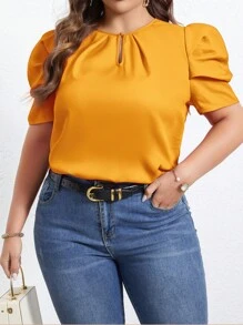 SHEIN Privé 大码女式纯色钥匙孔领短泡泡袖休闲衬衫 - 黃色 - 查看 4