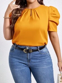 SHEIN Privé 大码女式纯色钥匙孔领短泡泡袖休闲衬衫 - 黃色 - 查看 5