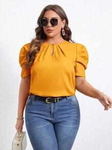 SHEIN Privé 大码女式纯色钥匙孔领短泡泡袖休闲衬衫 - 黃色 - 查看 7