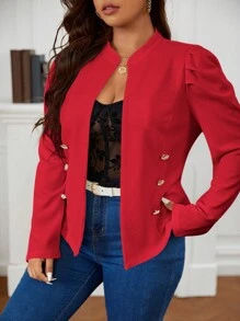 SHEIN Clasi Valentine's Day,Plus Solid Puff Sleeve Double Breasted Jacket Winter Fall Autumn - Red - View 3