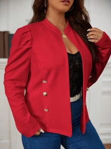 SHEIN Clasi Valentine's Day,Plus Solid Puff Sleeve Double Breasted Jacket Winter Fall Autumn - Red - View 4