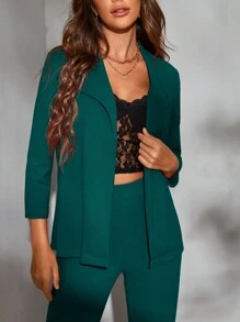 BizChic Solid Open Front Blazer & Trousers Without Cami Top - Dark Green - View 5