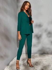 BizChic Solid Open Front Blazer & Trousers Without Cami Top - Dark Green - View 6