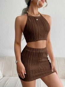 SHEIN Essnce 素色繞頸短上衣&包臀半身裙 - 咖啡棕 - 查看 3