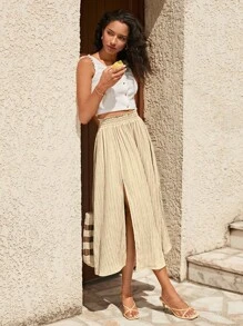 SHEIN Frenchy Paperbag Waist Split Thigh Skirt - Apricot - View 4