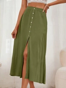 SHEIN Frenchy 前紐扣高衩半身裙 - 青檸色 - 查看 1