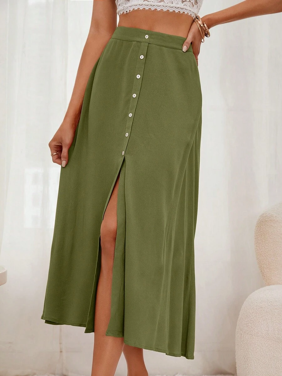 SHEIN Frenchy 前紐扣高衩半身裙 - 青檸色 - 查看 1