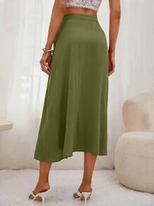 SHEIN Frenchy 前紐扣高衩半身裙 - 青檸色 - 查看 2