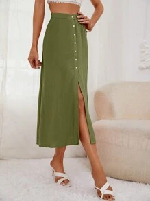 SHEIN Frenchy 前紐扣高衩半身裙 - 青檸色 - 查看 3