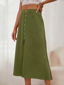 SHEIN Frenchy 前紐扣高衩半身裙 - 青檸色 - 查看 4