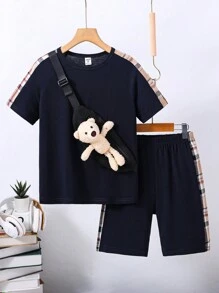 SHEIN Boys Plaid Side Seam Tee & Shorts & Bag