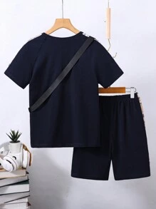 SHEIN Boys Plaid Side Seam Tee & Shorts & Bag