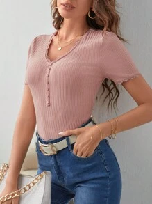 SHEIN Frenchy Áo thun nữ Tương phản ren Gân đan Nút phía trước màu trơn Giải trí - Bụi hồng - Xem 5