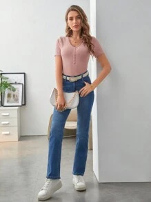 SHEIN Frenchy Áo thun nữ Tương phản ren Gân đan Nút phía trước màu trơn Giải trí - Bụi hồng - Xem 6