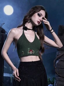 ROMWE Fairycore Mushroom Embroidery Tie Backless Halter Knit Top - Army Green - View 3