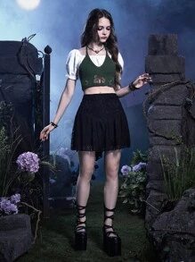 ROMWE Fairycore Mushroom Embroidery Tie Backless Halter Knit Top - Army Green - View 6