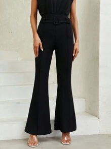SHEIN Privé Pantalones acampanados unicolor con cinturón - Negro - Ver 4