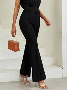 SHEIN Privé Pantalones acampanados unicolor con cinturón - Negro - Ver 1