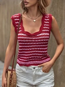 EURMUSE Striped Pattern Scallop Trim Knit Top - Red - View 1