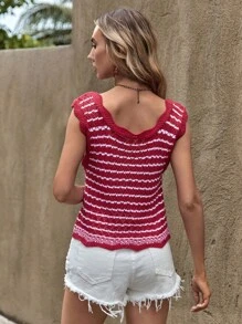 EURMUSE Striped Pattern Scallop Trim Knit Top - Red - View 2