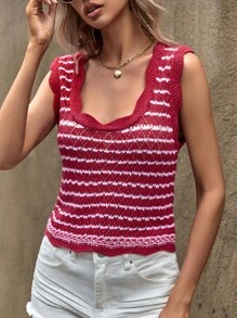 EURMUSE Striped Pattern Scallop Trim Knit Top - Red - View 3