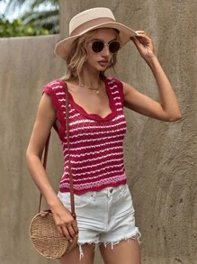 EURMUSE Striped Pattern Scallop Trim Knit Top - Red - View 4