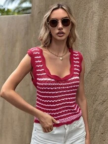 EURMUSE Striped Pattern Scallop Trim Knit Top - Red - View 5