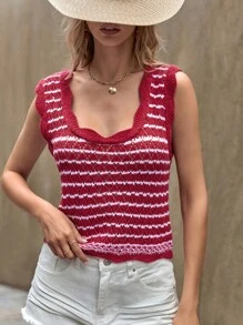 EURMUSE Striped Pattern Scallop Trim Knit Top - Red - View 6