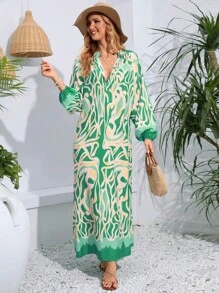 Allover Print Notched Neckline Dress - Green - View 1