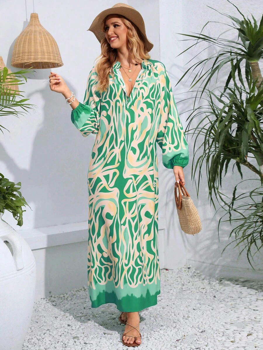 Allover Print Notched Neckline Dress - Green - View 1