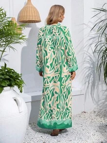Allover Print Notched Neckline Dress - Green - View 2