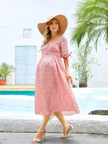 Maternity Ditsy Floral Print Knot Cuff Dress - Pink - View 4