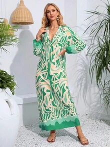 Allover Print Notched Neckline Dress - Green - View 3