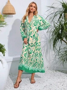 Allover Print Notched Neckline Dress - Green - View 4