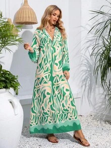 Allover Print Notched Neckline Dress - Green - View 6