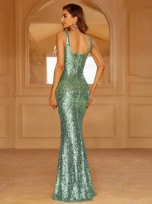 Split Thigh Sequin Formal Party Dress - Green - View 2