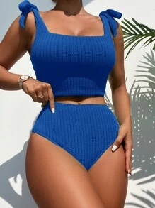 SHEIN Swim 夏季海滩系肩高腰比基尼套装 - 寶藍色 - 查看 1