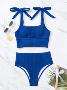SHEIN Swim 夏季海滩系肩高腰比基尼套装 - 寶藍色 - 查看 5