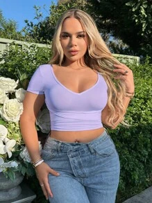 SHEIN SXY Chất rắn Áo phông Crop - Màu tím - Xem 1