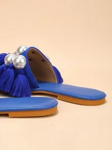 Dép đế bằng thời trang thiết kế tua rua và ngọc trai giả cho mùa hè - Màu xanh lam - Xem 4