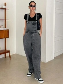 DAZY Slant Pocket Denim Dungarees Without Tee - Grey - View 4