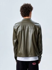 Manfinity VCAY 1件寬鬆剪裁的側邊紋pu皮夾克 - 軍綠色 - 查看 2