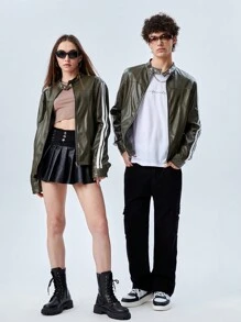 Manfinity VCAY 1件寬鬆剪裁的側邊紋pu皮夾克 - 軍綠色 - 查看 5