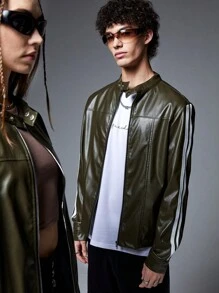 Manfinity VCAY 1件寬鬆剪裁的側邊紋pu皮夾克 - 軍綠色 - 查看 3
