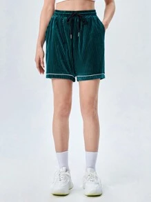 Manfinity VCAY 1入組腰部抽繩拼接滾邊短褲 - 墨綠色 - 查看 3